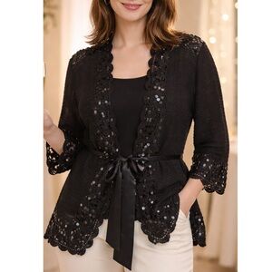 MICHAEL SIMON Black Crochet Cardigan Sweater SIZE 3XL Satin Tie Whimsygoth 90’s